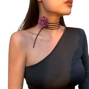 Muted Berry Rose Flower Long Wrap Choker Goth Glam Necklace Belt Hair Purse Tie